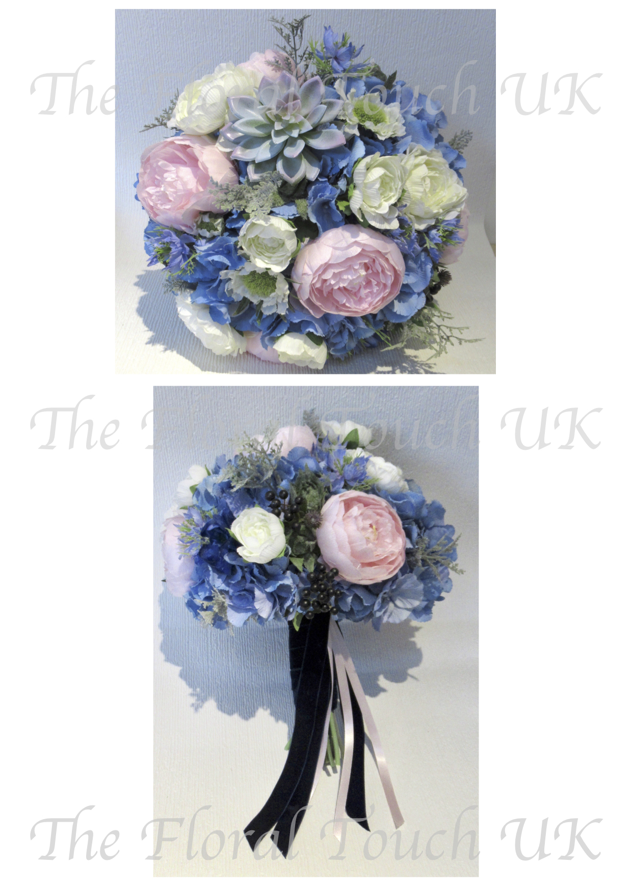Blue And Pink Bridal Bouquet With Rainbow Succulent
